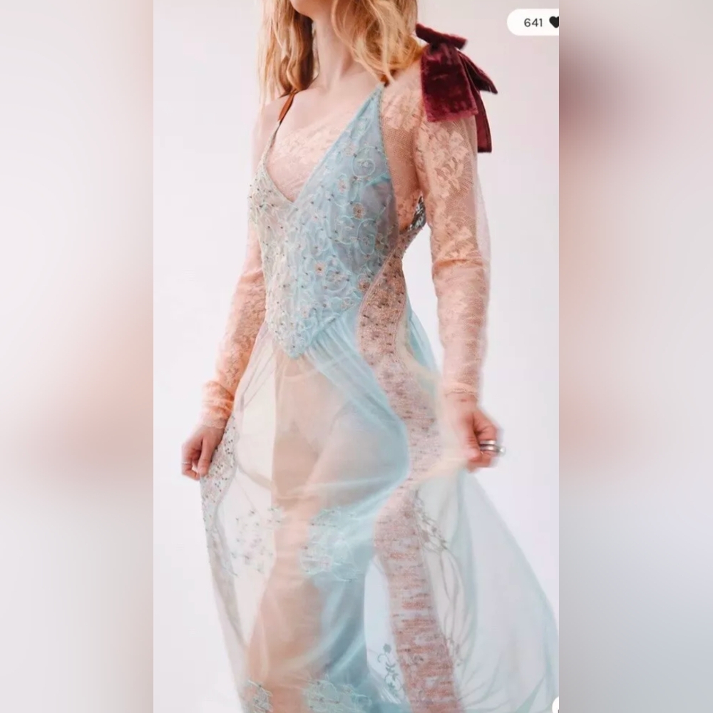 Free People NWT In Your Dreams Metallic Beaded Embellished Sheer Maxi Slip XS